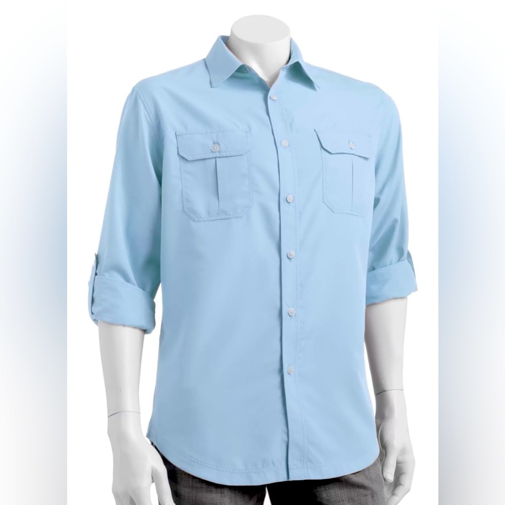 Light blue traveler performance song-sleeve, button down shirt